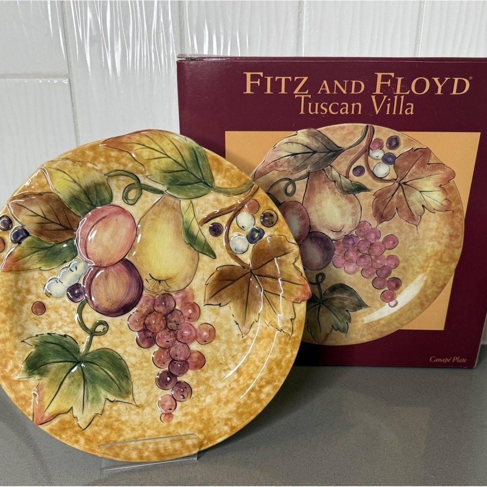 Fitz Floyd Tuscan Villa Canape Plate Appetizer Fruit Relief Pear Grapes Org Box